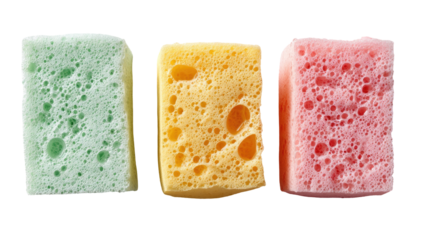 Three colorful sponges, light green, pale yellow, and light pink, arranged horizontally, showing their porous texture