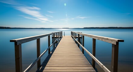 Obraz premium Wooden Pier Over Still Lake Under Blue Sky