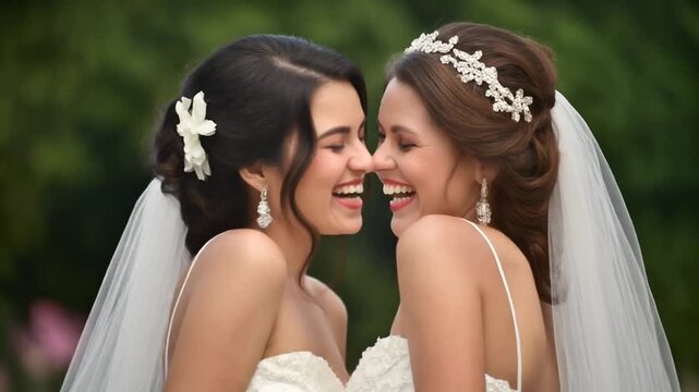 Joyful Wedding Moments Two Beautiful Lesbian Brides Celebrating Their Love Together on a Special Day 