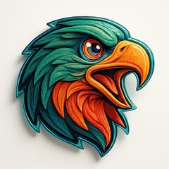 Fototapeta premium Colorful Eagle Head Illustration with Green and Orange Feathers on a White Background bird