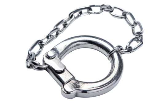 Silver metal shackle with attached chain isolated on transparent background. Shiny silver padlock secured on a metal chain isolated on white background. - Powered by Adobe