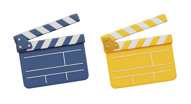 Blue and yellow striped clapperboards film industry tools cinematic production.