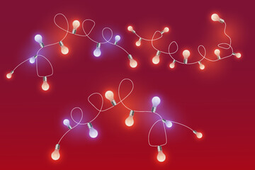 Garland of glowing light bulbs. On a red background