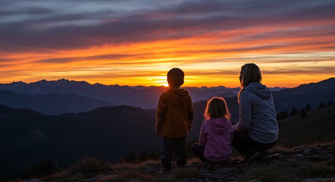 A mother and two children watch a vibrant mountain sunset together, silhouetted against a colorful sky of orange, purple, and pink hues, evoking peace and connection with nature. - Powered by Adobe