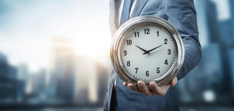 The businessman holding a clock in front of a modern city skyline.