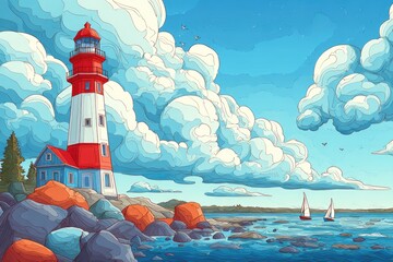 Colorful illustration of a lighthouse by the sea.