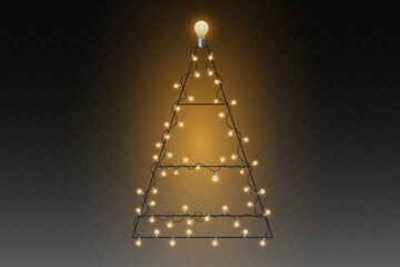 Christmas tree made of wire and glowing string lights.