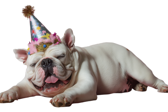 Cute french bulldog wearing a party hat isolated on transparent background. Smiling bulldog wearing a birthday hat against a pink background.