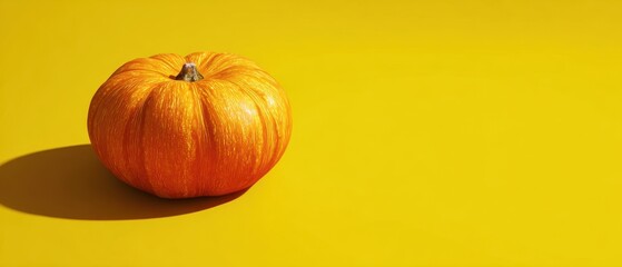 The vibrant orange pumpkin set against a bright yellow background.
