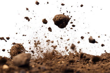 Explosion of mud and dirt isolated on transparent background. Soil explosion effects showcasing flying debris and particle dispersion isolated on white background.