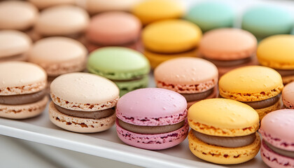 Obraz premium Colorful macarons arranged in a decorative display for dessert