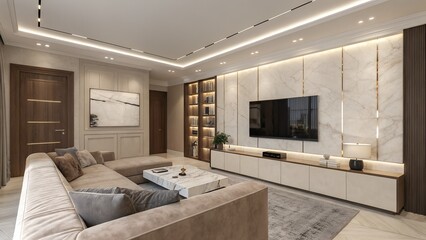 Modern lounge featuring a concealed projector setup, modular furniture, and sound-absorbing wall art