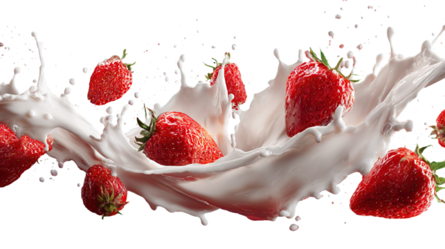 Strawberry falling into milk