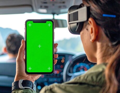 Woman in car holds green screen phone while wearing VR headset - Powered by Adobe