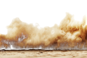 Dust storm blowing across a desert landscape isolated on transparent background. Spectacular sandstorm with billowing clouds of dust sweeping across a desert landscape isolate on white background.