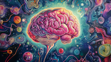 illustration of the human brain surrounded by swirling patterns representing different mental states.
