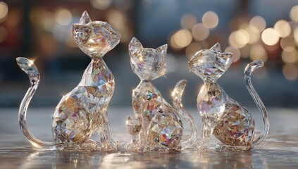 Three crystal cats, iridescent, sitting