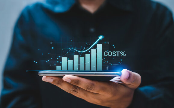 Person holding phone displaying increasing cost chart with upward arrow trend