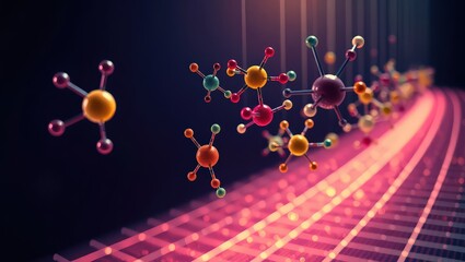 Colorful molecules floating above a pink glowing grid on a dark background in a science concept