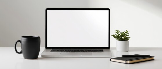 The elegant workspace featuring a laptop, coffee mug, and potted plant.