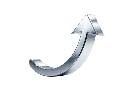 A stylized, 3D metallic upward-curving arrow