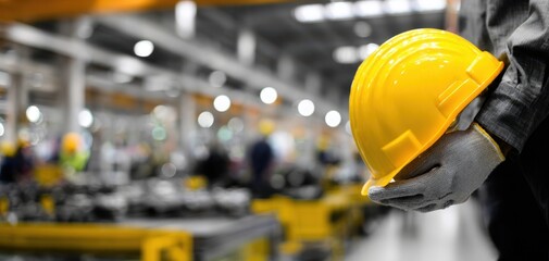 The yellow hardhat held by a worker in a busy industrial environment.