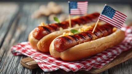Grilled hot dogs topped with crispy onions and mini American flags, served on a red checkered napkin at a rustic wooden table, celebrating Independence Day in classic picnic style.