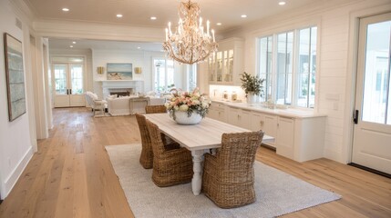 Whitewashed farmhouse dining room with light oak hardwood floors.