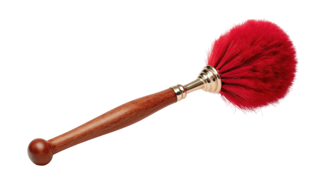 Red feather duster with wooden handle