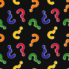 Colorful sketch style question marks on black background. Outline drawings seamless pattern. Customer service, communication, faq help concept