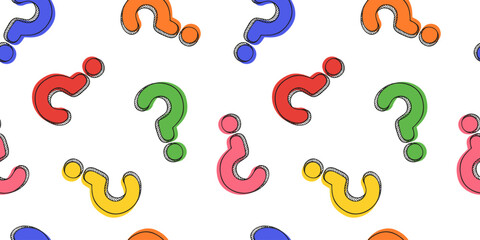 Colorful seamless pattern with question mark drawing on white background. Customer service, presentation, conversation concept
