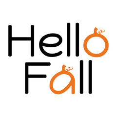 Logo con texto manuscrito hello fall con calabaza en lugar de letras O y A para felicitaciones y tarjetas © teracreonte