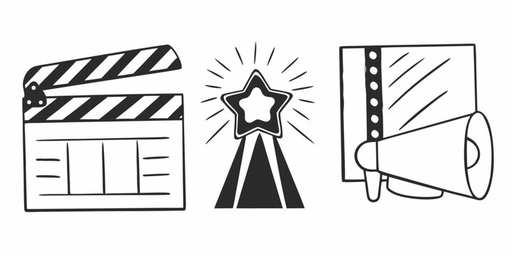 Illustration featuring a clapperboard, a star on a pedestal, and a megaphone with a script