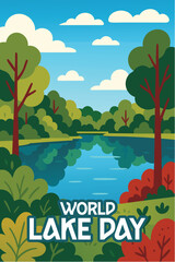 Obraz premium World Lake Day: clear, serene lake view with lush trees and vibrant skies on World Lake Day, celebrating the pristine beauty of nature and the peaceful environment of water bodies