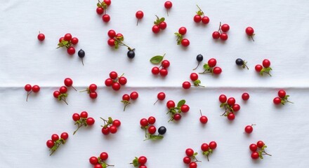 Scattered red berries and black berries with green leaves on white fabric hypericum berries fruit