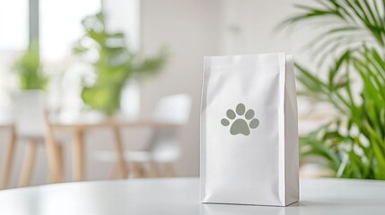 Mockup of a Vibrant and Playful Pet Food Bag Packaging Design Set Against a Fresh Natural Foliage Background for Branding Advertising and Promotional Purposes