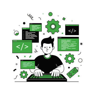 A cartoon programmer working on a computer, surrounded by code and technology elements.