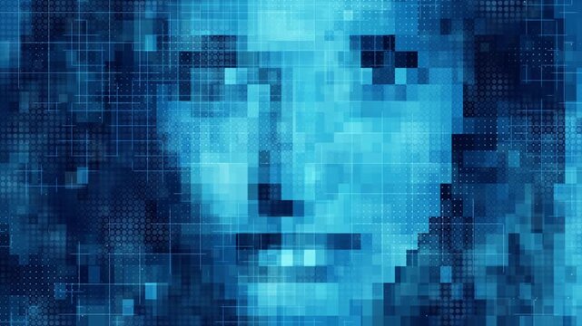 human face formed by an intricate blue grid and varying pixel patterns, representing a digital identity