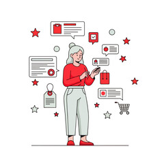 Woman using smartphone for online shopping, surrounded by notifications and shopping icons.