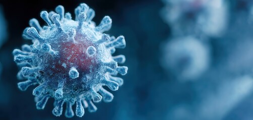 Close-up 3D render of a virus or bacterium on a dark blue background. Microscopic view concept for science, infection, medicine, pandemic, virology, or biological research visuals.