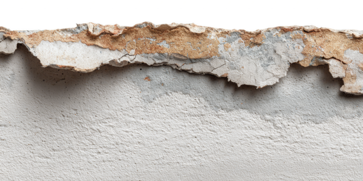 Cracked peeling wall surface with rustic texture and damage on transparent background