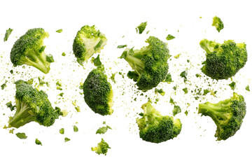 Fresh broccoli florets in a dynamic, exploding composition