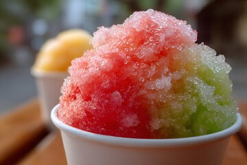 Shaved ice in red, green, and yellow cups.
