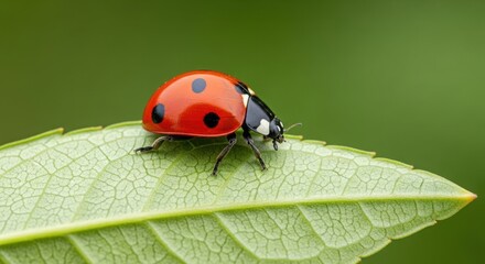 Red ladybug with black spots resting on a textured green leaf with blurred green background insect beetle