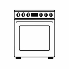 Oven illustration with knobs and door on white background, oven is kitchen appliance. Oven icon in black and white. Commercial appliance oven for home appliances.