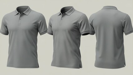 Grey polo shirt shown from front, side, and back views, isolated on white background