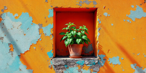 Vibrant Plant Pot Window Orange Blue Wall © Asif