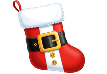 Illustration of christmas stocking with santa claus belt and buckle isolated on transparent background