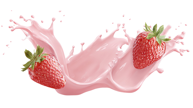 Strawberry falling into milk