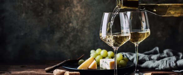The elegant pouring of white wine into glasses complemented by cheese and grapes.